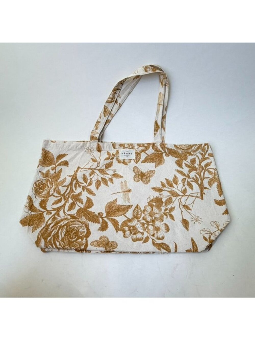 Sézane Organic Cotton Canvas Tote Bag Floral Butterfly Dragonfly Green Yellow